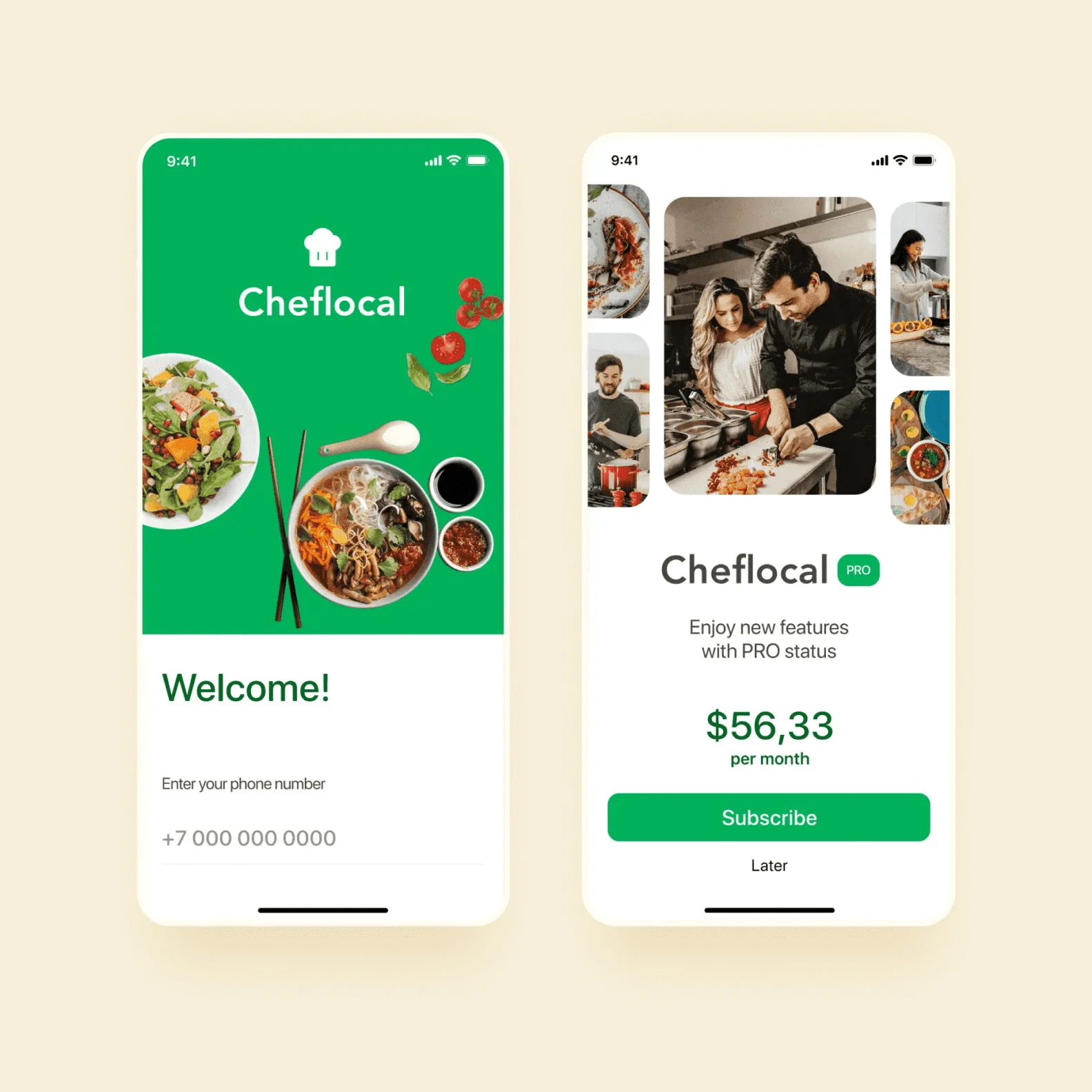 Screenshots of Talentum, a mobile app that connects customers with top-notch freelance chefs