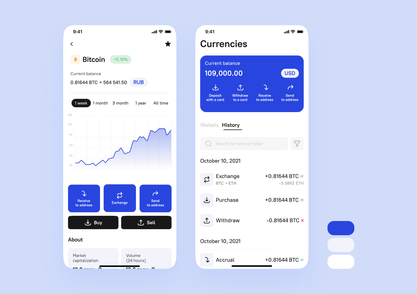 Three screenshots of a crypto wallet app demonstrating different color palettes