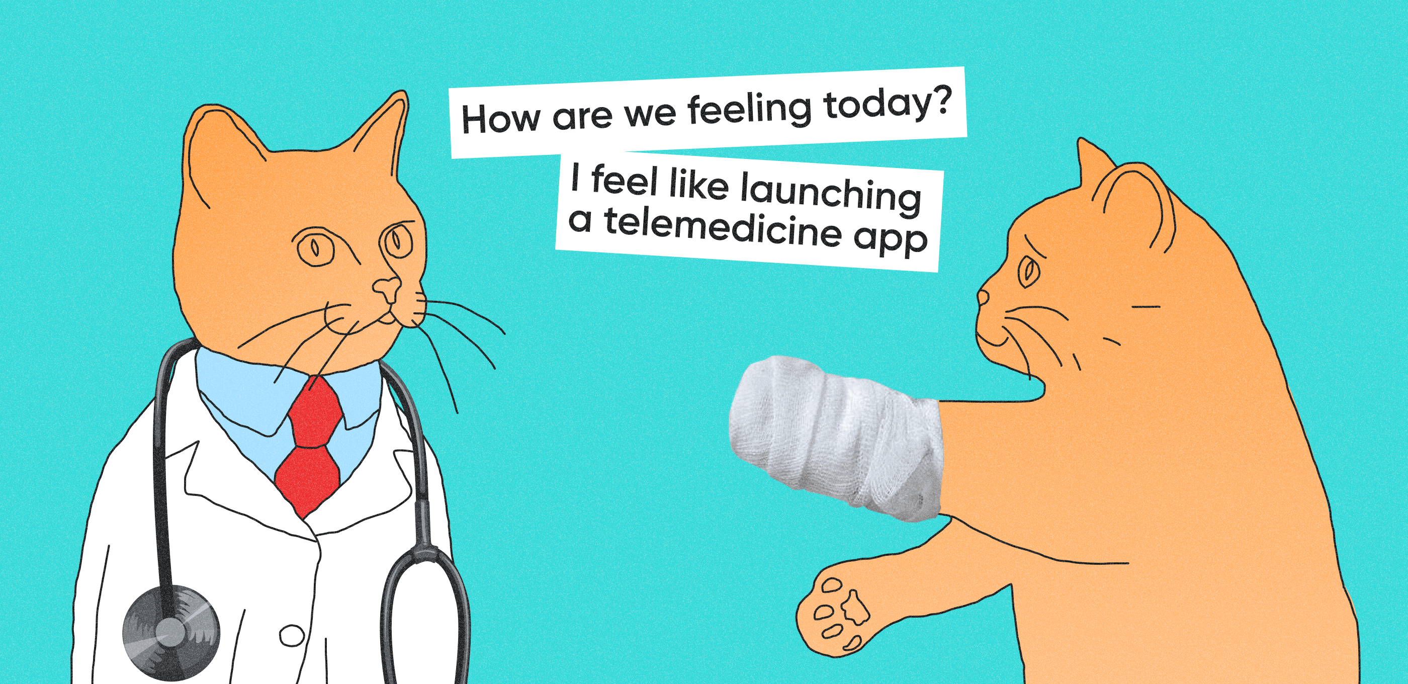 Two cats opposite each other, one in a doctor's cap asks: "How are we feeling today?" The other replies: "I feel like launching a telemedicine app".