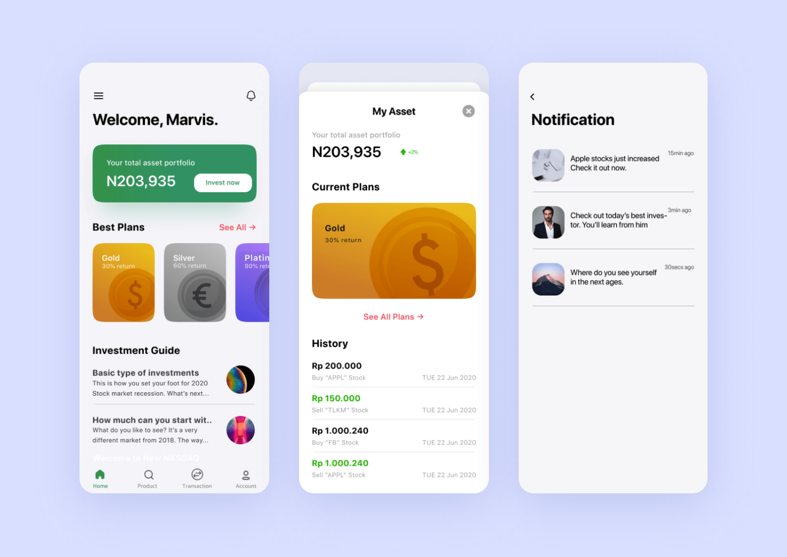 screens of an investment app