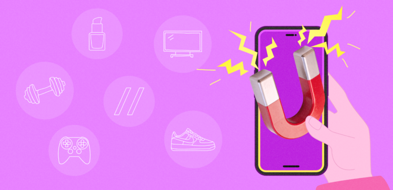 магнит на экране смартфона, который притягивает товары, символизируя сайт-агрегатор