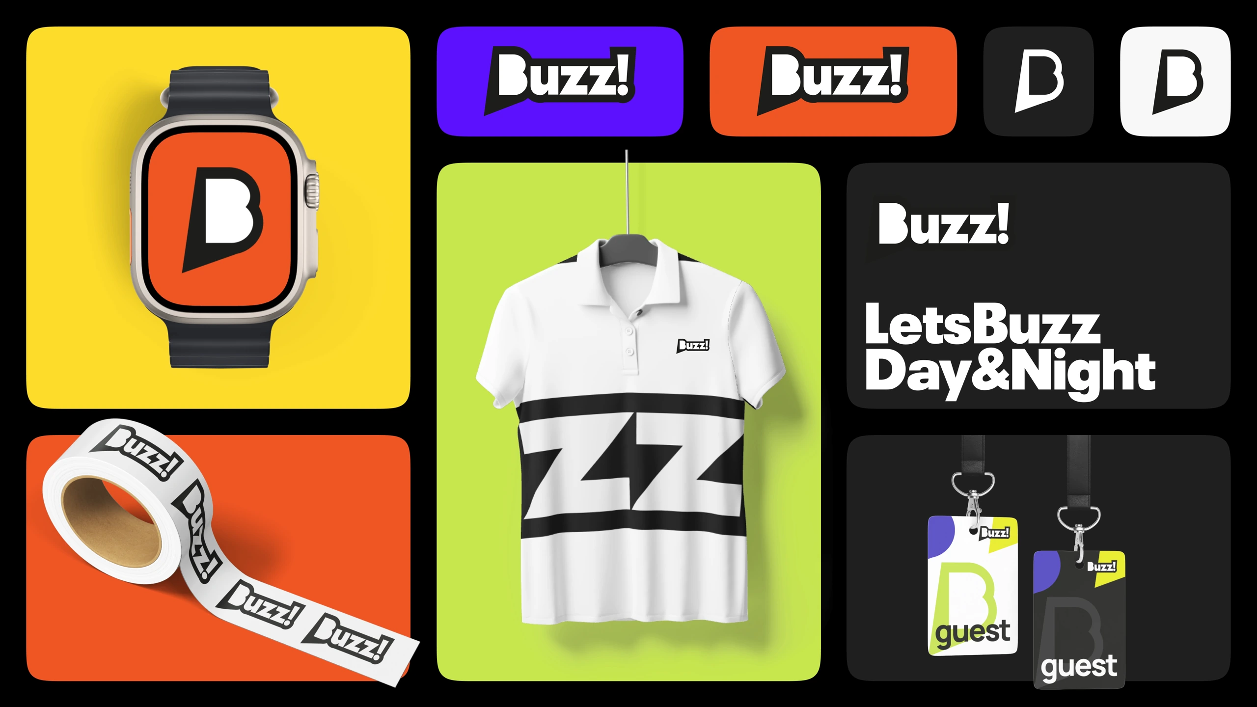 Носители айдентики Buzz: часы, одежда, скотч и бейджи