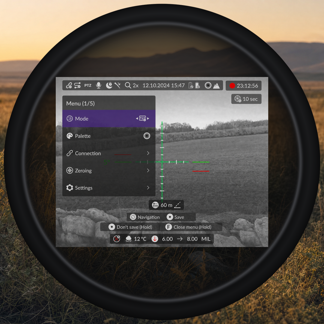 The complete interface display within the eyepiece rim, including menu, status indicators and navigation hints