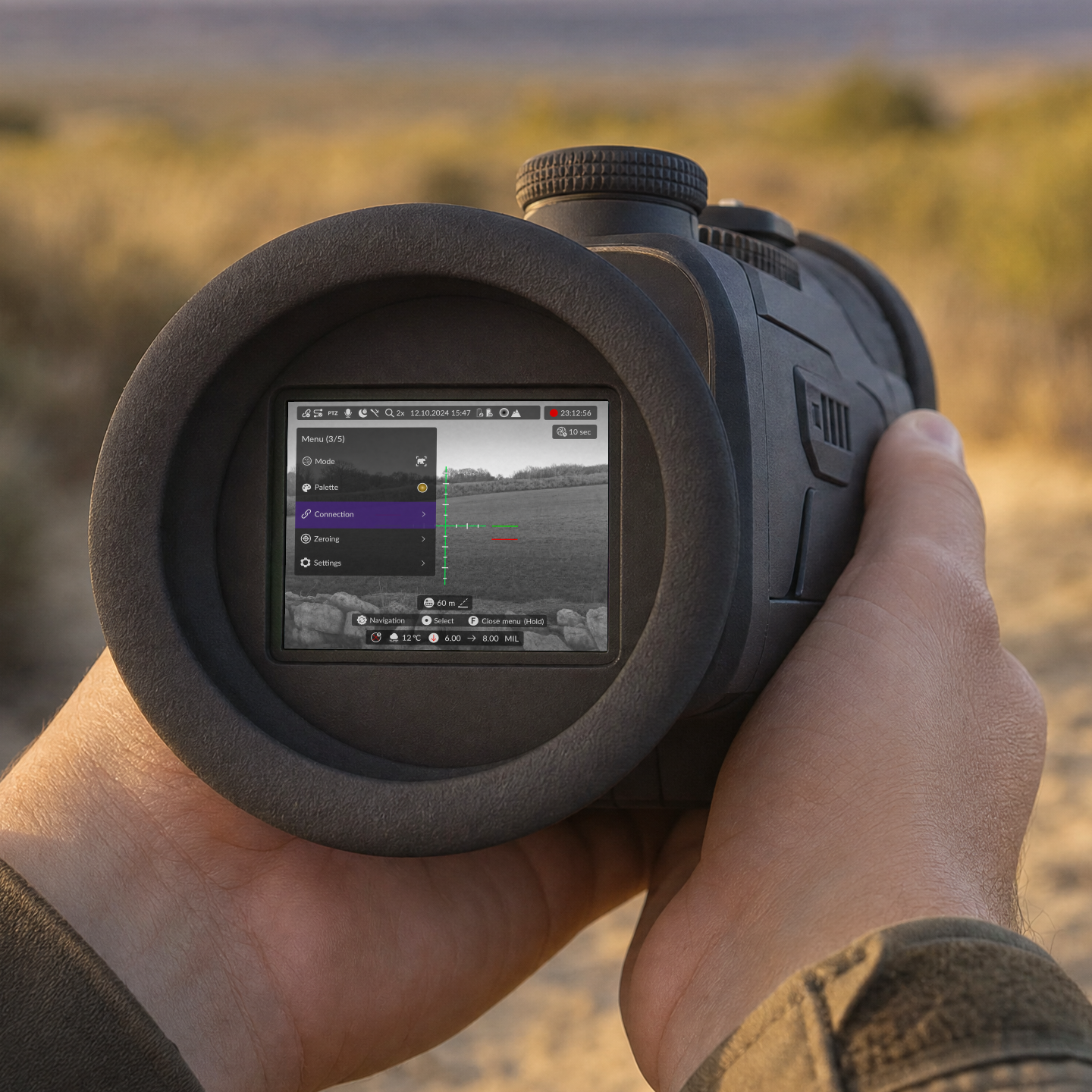 The connectivity menu inside a conceptual thermal instrument held in two hands