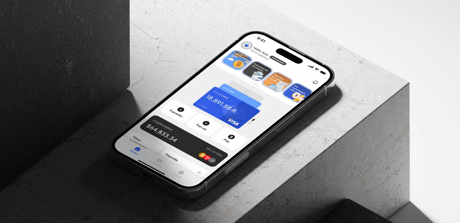WIT app home screen on the iPhone 15 Pro mockup: debit card and cryptowallet