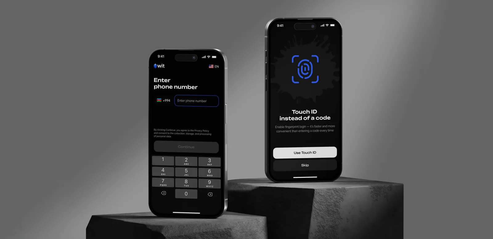 Registration screens mockup: phone number entry and Touch ID
