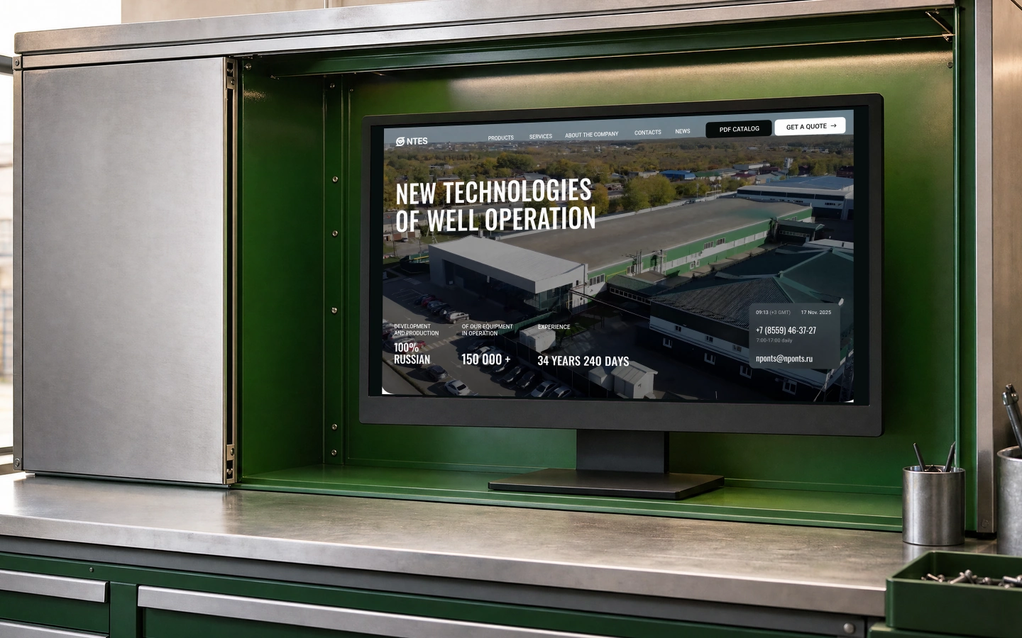 The translated NTES homepage in the same desktop-monitor composition. The workspace is a concept; this screen replaces the unavailable translation of the original view.