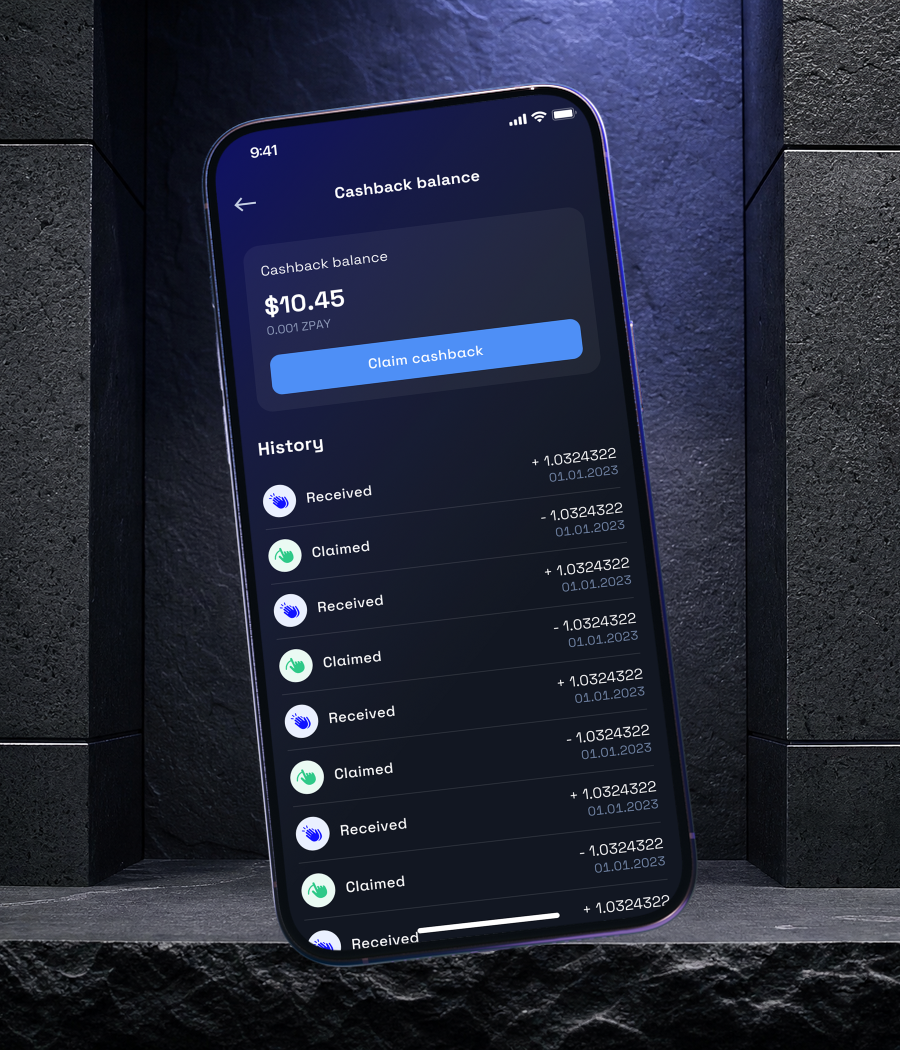 Cashback balance, history and the claim button in a phone mockup.
