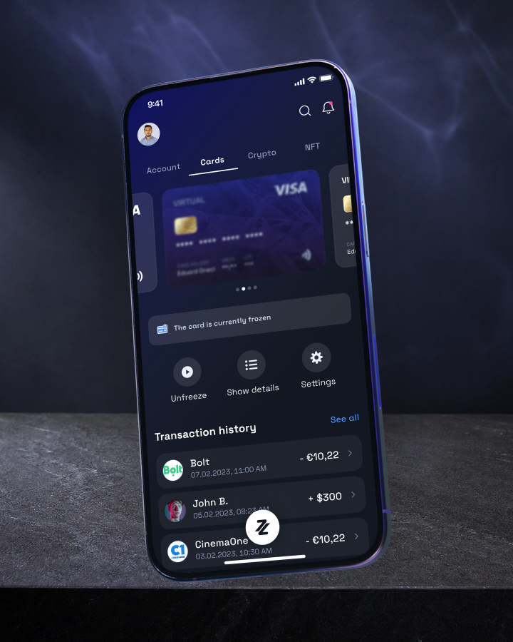 A frozen card with blurred details and the unfreeze action in a phone mockup.