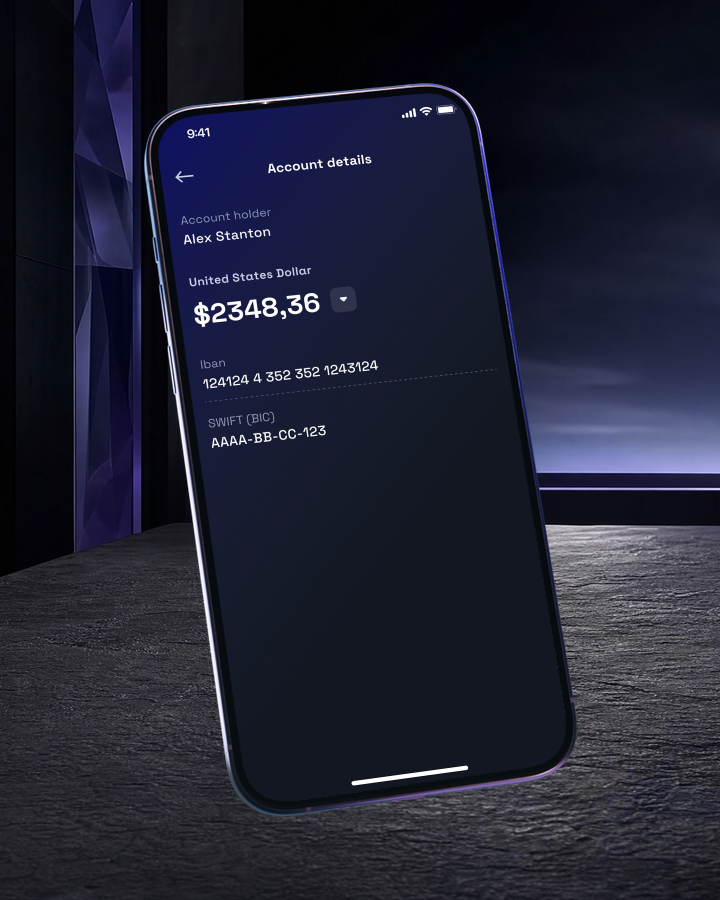 Реквизиты банковского счёта ZoidPay в наклонённом мокапе телефона.