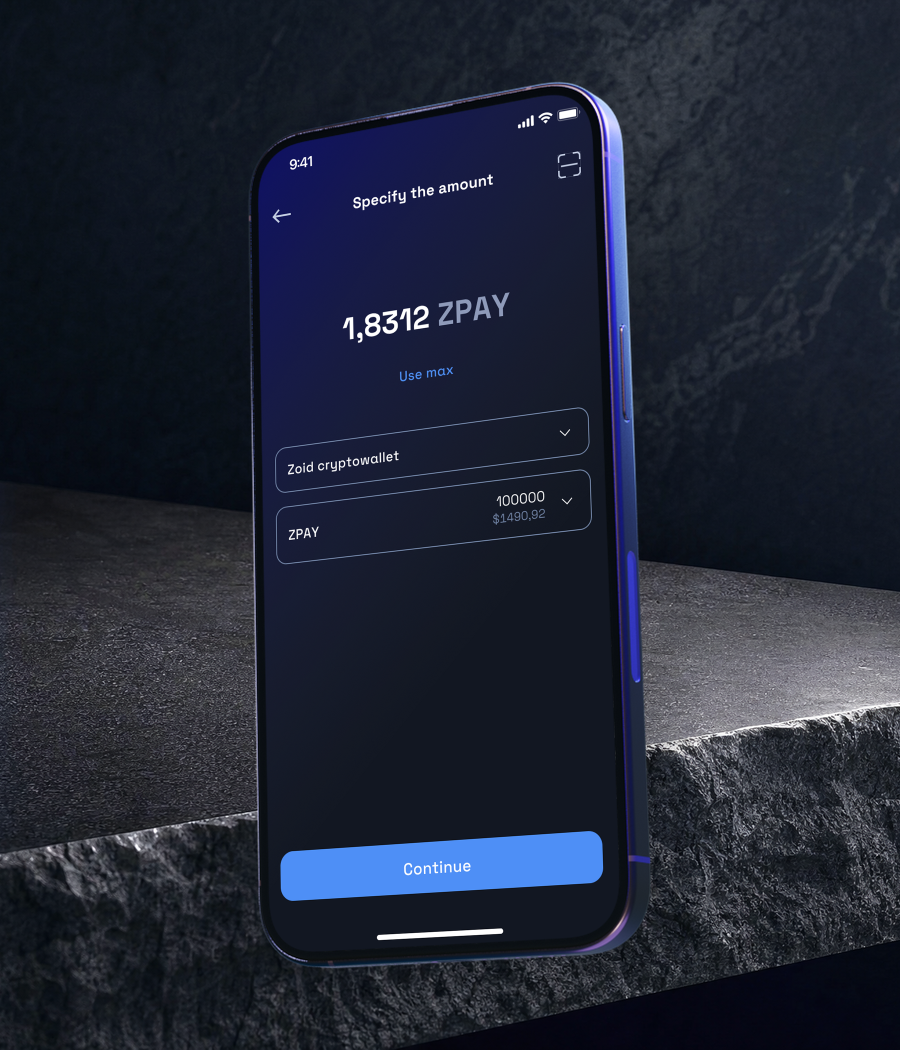 Отдельный экран ввода суммы перевода ZoidPay в наклонённом мокапе телефона.