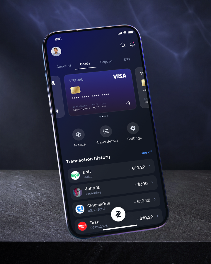 Виртуальная карта ZoidPay с настройками и историей операций в мокапе телефона.